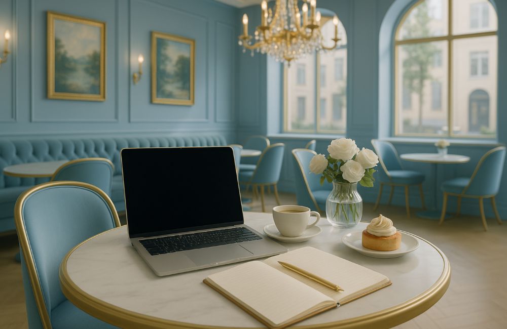 En enää jaksa tehdä täysiä työpäiviä, tekoälyn luoma kuva kahvilasta, läppäri, kuppi kahvia, leivos, vihko ja kynä