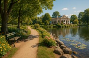 Uupumus, kuva kauniista rantapuistosta ja kahvilasta